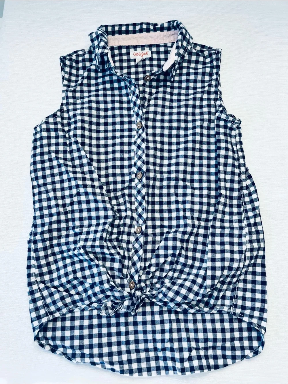 Cat & Jack Navy and White Gingham Button-Up Shirt & White Stretch Jeans